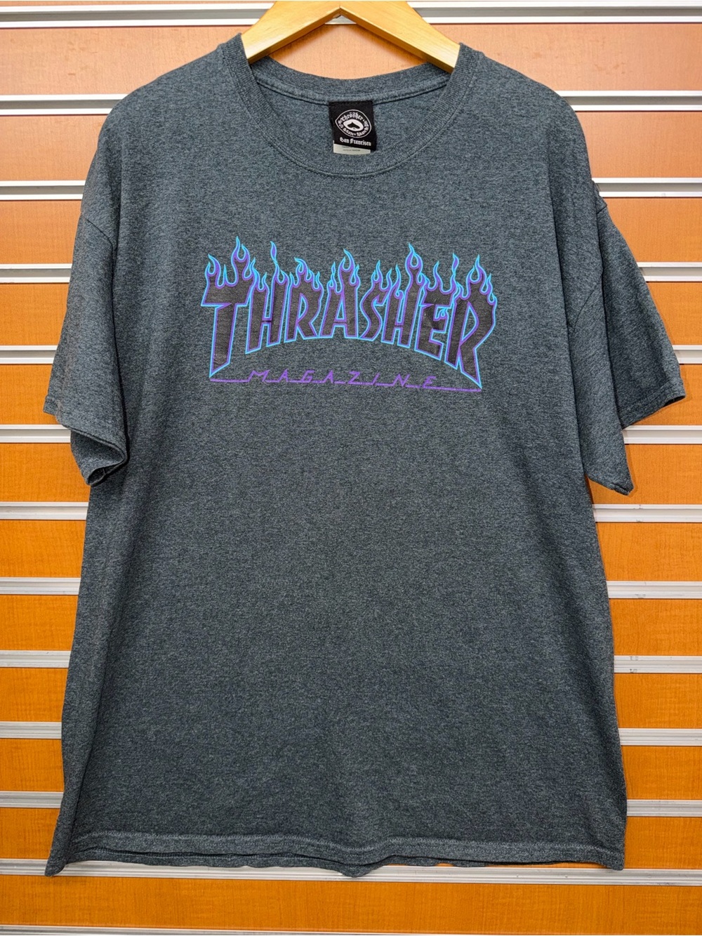 Thrasher Charcoal Tee with Purple-Blue Flame Logo